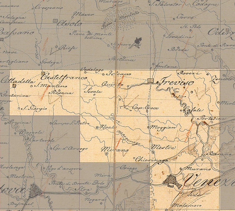 Foglio di unione della KriegsKarte di Von Zach (1805). E' evidenziato il bacino del Marzenego