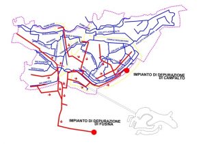 I canali (in azzurro) e le reti di fognature (in rosso) di Mestre. Planimetria elaborata da Marcello Meneghin