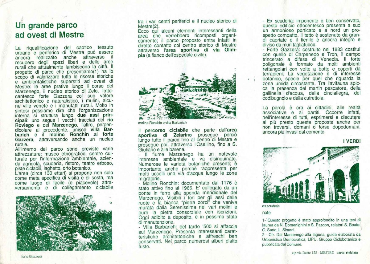 Il progetto del Parco del Marzenego tra Mestre, Cioressina, Zelarino e Gazzera. Un’idea dei Verdi (1985) di grande spessore non ancora tramontata dopo 30 anni. B