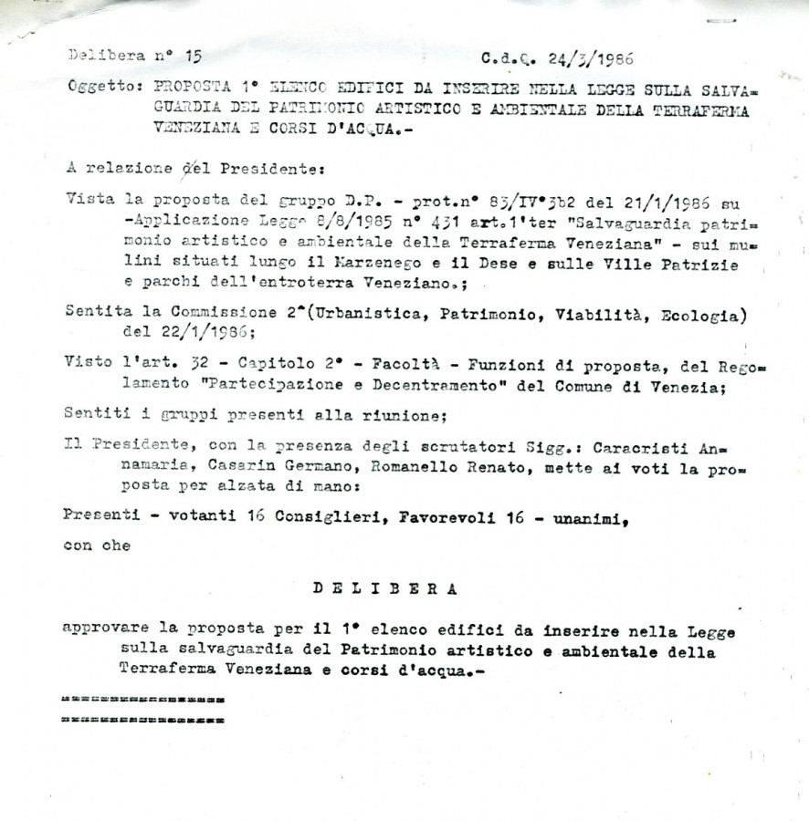 La delibera del C.d.Q. per inserire i mulini del Marzenego nell’elenco dei beni da tutelare.