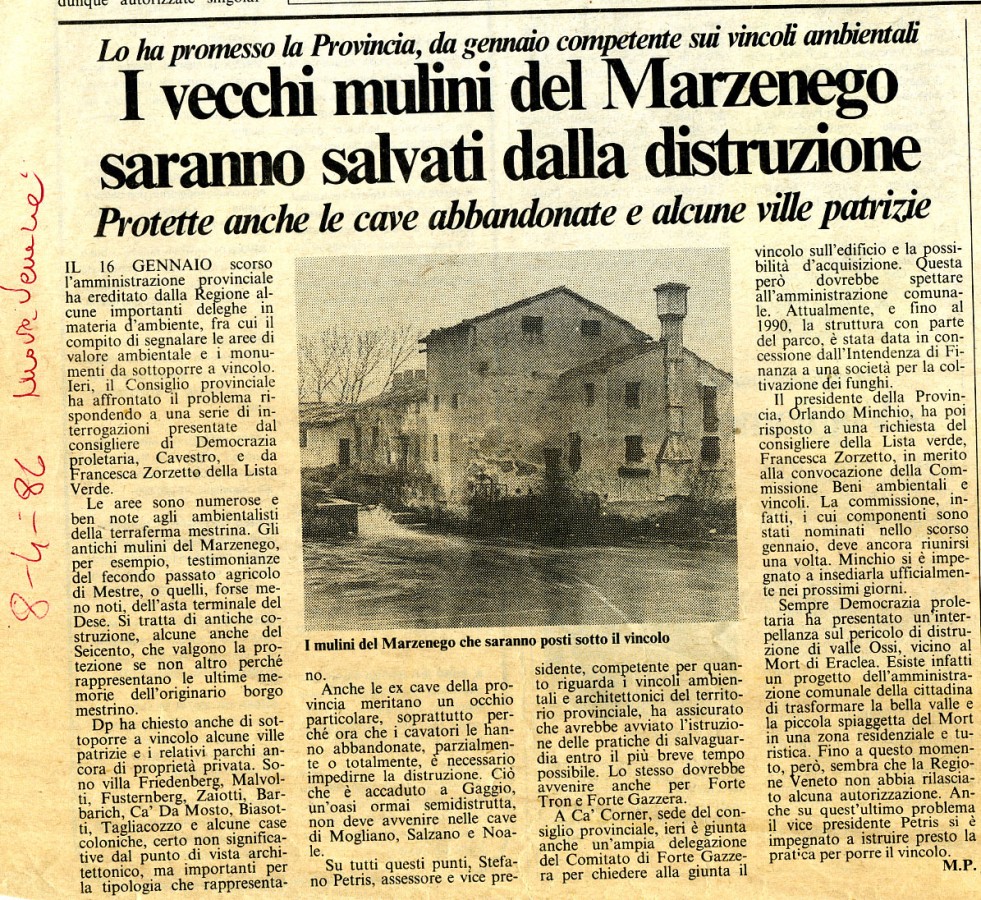 La stampa riporta l’impegno della Provincia di Venezia a tutelare mulini, ville e cave del territorio.