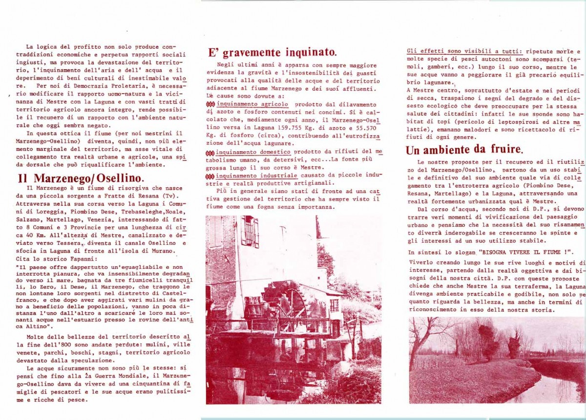 Depliant di Democrazia Proletaria di Zelarino per la fruibilità del Marzenego - 2 (1984)